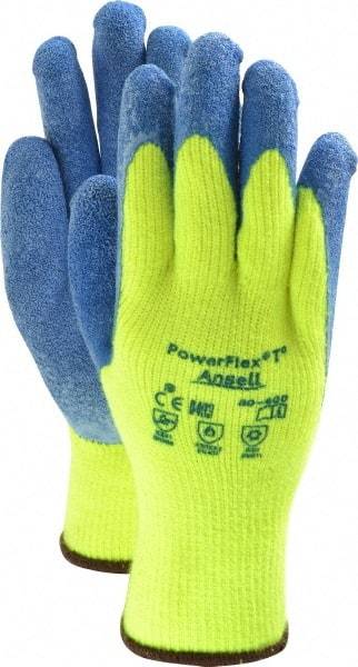 Ansell - Size L (9) Rubber Coated Thermal Terry Cold Protection Work Gloves - For General Purpose, Palm & Fingers Coated, Knit Wrist Cuff, Full Fingered, Yellow/Blue, Paired - Makers Industrial Supply