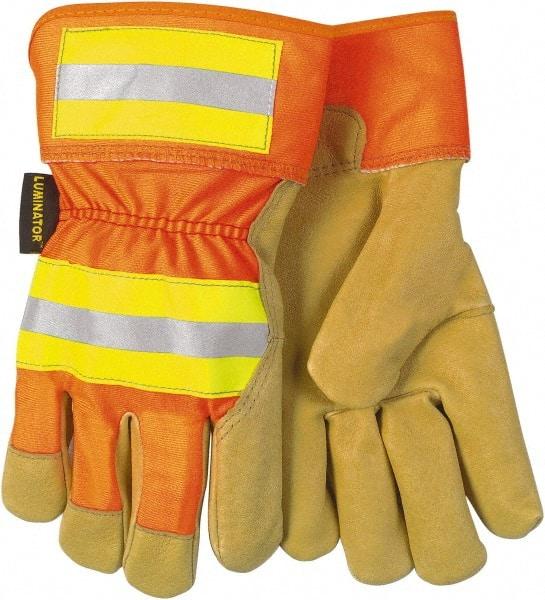 MCR Safety - Size M Pigskin General Protection Work Gloves - For General Purpose, Uncoated, Safety Cuff, Tan/Hi-Vis Orange, Paired - Makers Industrial Supply