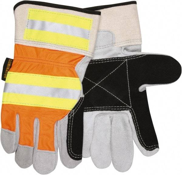 MCR Safety - Size L Cowhide General Protection Work Gloves - For General Purpose, Uncoated, Safety Cuff, Lime Green/Silver/Black/Orange, Paired - Makers Industrial Supply