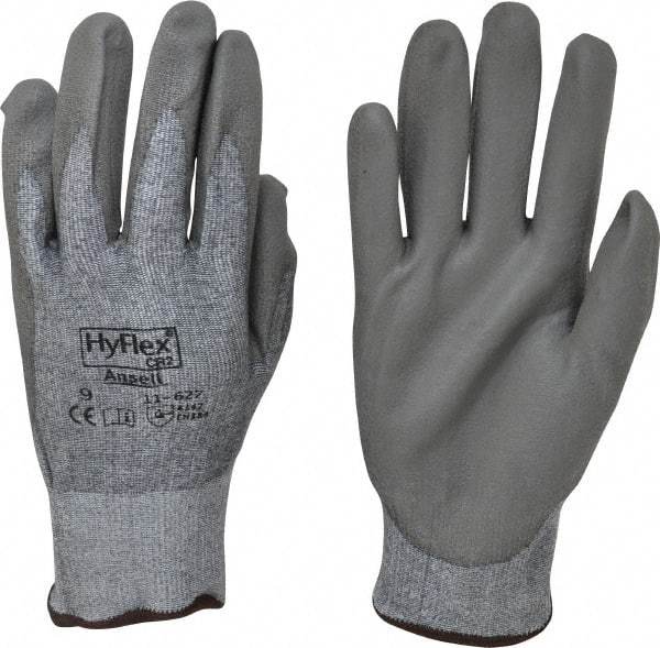 Ansell - Size L (9), ANSI Cut Lvl 2, Abrasion Lvl 6, Polyurethane Coated Cut Resistant Gloves - 10.5" Long, Palm & Fingers Coated, Dyneema/Lycra Lining, Knit Wrist, Gray/Gray, Paired - Makers Industrial Supply