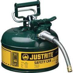 Justrite - Safety Dispensing Cans; Capacity: 1 Gal. ; Material: Steel ; Color: Green ; Height (Decimal Inch): 10.500000 ; Diameter/Length (mm): 9.50 ; Approval Listing/Regulations: FM Approved; UL; ULC; TUV - Exact Industrial Supply