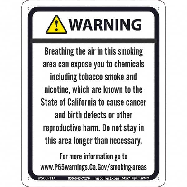 NMC - "WARNING BREATHING THE AIR IN THIS SMOKING AREA CAN EXPOSE YOU TO CHEMICALS\x85", 8-1/2" Long x 11" Wide, Aluminum Safety Sign - Rectangle, 0.04" Thick, Use for Hazardous Materials - Makers Industrial Supply