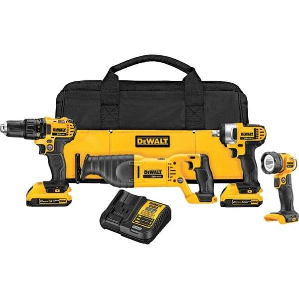 DeWALT - 20 Volt Cordless Tool Combination Kit - Includes 1/2" Drill/Driver, 1/2" Impact Wrench, Reciprocating Saw & Handheld Light, Lithium-Ion Battery Included - Makers Industrial Supply