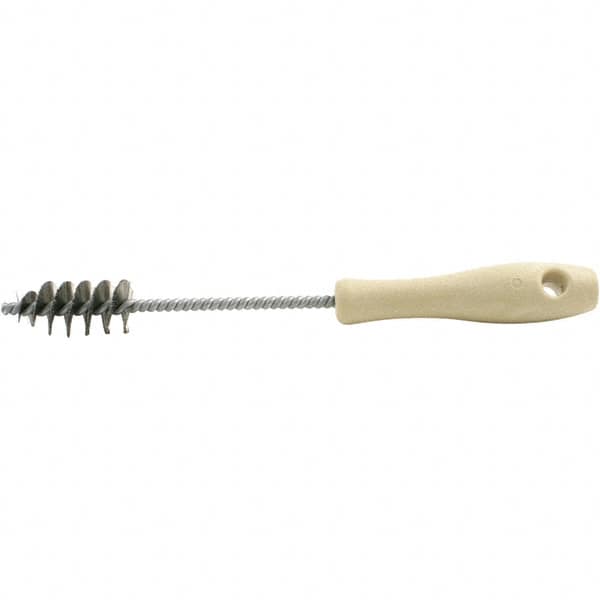 Brush Research Mfg. - 0.975" Diam Helical Stainless Steel Tube Brush - Single Spiral, 0.006" Filament Diam, 2" Brush Length, 10-1/2" OAL, 0.245" Diam Plastic Handle Shank - Makers Industrial Supply