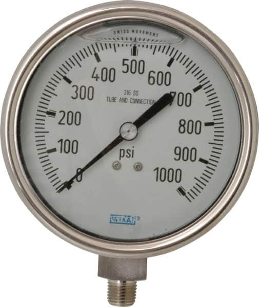 Wika - 4" Dial, 1/4 Thread, 0-1,000 Scale Range, Pressure Gauge - Lower Connection Mount, Accurate to 1% of Scale - Makers Industrial Supply