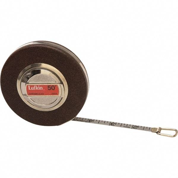 Lufkin - 50' x 3/8" White Steel Blade Tape Measure - 1/10 & 1/100" Graduation, Inch Graduation Style, Brown Vinyl Clad Steel Case - Makers Industrial Supply