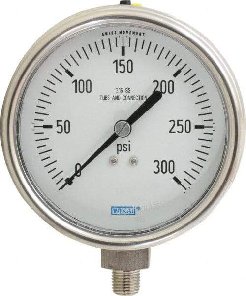 Wika - 4" Dial, 1/4 Thread, 0-300 Scale Range, Pressure Gauge - Lower Connection Mount, Accurate to 1% of Scale - Makers Industrial Supply