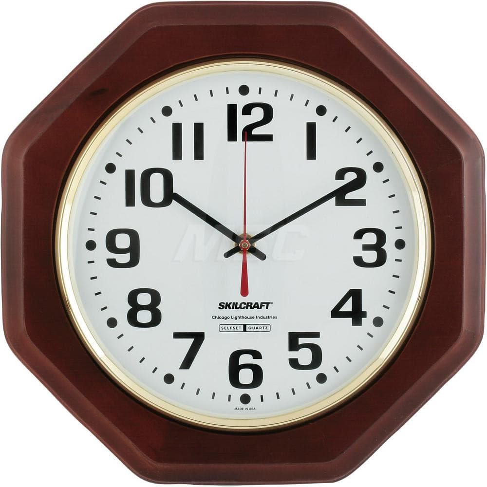 Wall Clocks; Type: Wall Clock; Display Type: Analog; Power Source: (1) AA Battery; Face Color: White; Case Color: Mahogany; EPP Indicators: Biodegradable; Pre Consumer Recycled Content : 0; Total Recycled Content: 0; Post Consumer Recycled Content: 0