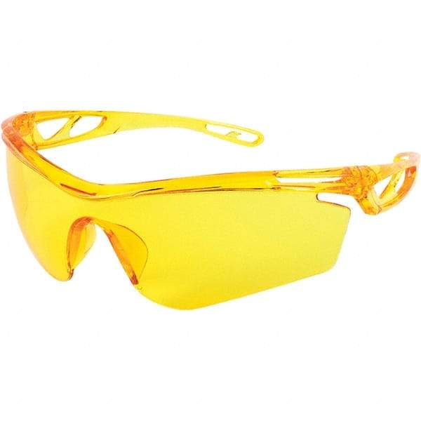 MCR Safety - Amber Lenses, Frameless Safety Glasses - Scratch Resistant, Polycarbonate Frame, Size M, Wrap Around - Makers Industrial Supply