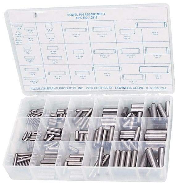 Precision Brand - 176 Piece, 1/16 to 1/2" Pin Diam, Dowel Pin Assortment - 1/2 to 2" Long, Steel, Uncoated - Makers Industrial Supply