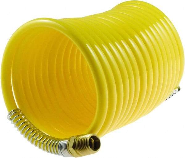 Coilhose Pneumatics - 1/4" ID, 1/4 Thread, 12' Long, Yellow Nylon Coiled & Self Storing Hose - 185 Max psi, Male Rigid x Male Swivel - Makers Industrial Supply