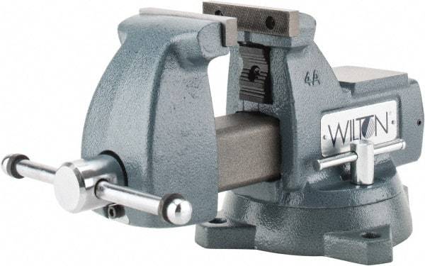 Wilton - 4" Jaw Width x 4-1/2" Jaw Opening Capacity, 3-7/16" Throat Depth, Bench & Pipe Combination Vise - 1/4 to 2" Pipe Capacity, Swivel Base, Bolt Down Attachment, Ductile Iron - Makers Industrial Supply