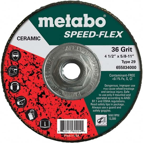 Metabo - 4-1/2" Diam, 5/8-11 Hole, 36 Grit Ceramic Alumina Fiber Disc - Makers Industrial Supply