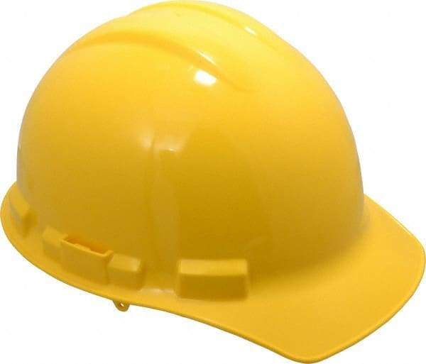 MSA - ANSI Type I, Class E Rated, 4-Point, Pin Lock Adjustment Hard Hat - One Size Fits Most, Yellow, Standard Brim - Makers Industrial Supply