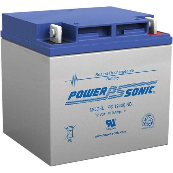 Power-Sonic - Lead-Acid, Nut/Bolt Terminal, 12 Volt, 40 Amp, Lead Rechargeable Battery - 7.5mm Hole Diam, 6mm Tab Thickness, 6-1/2" Wide x 6.69" High x 7.76" Deep - Makers Industrial Supply