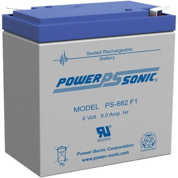 Power-Sonic - Lead-Acid, Quick-Disconnect Tab Terminal, 6 Volt, 9 Amp, Lead Rechargeable Battery - 3/16" Tab Width x 0.8mm Tab Thickness, 2.2" Wide x 4.65" High x 3.86" Deep - Makers Industrial Supply