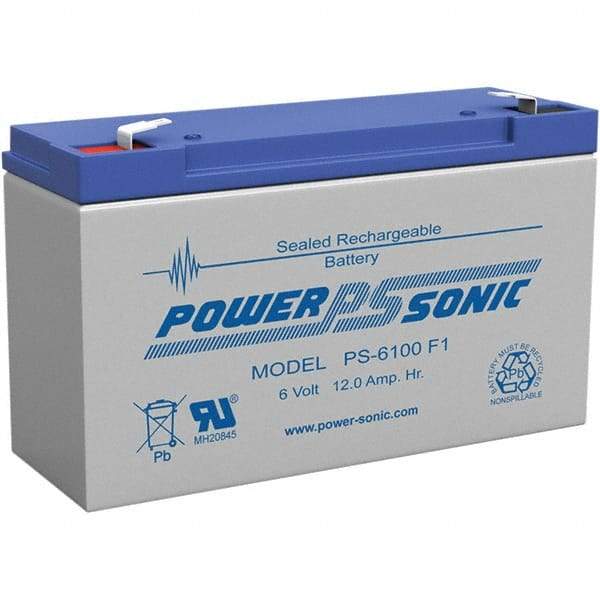 Power-Sonic - Lead-Acid, Quick-Disconnect Tab Terminal, 6 Volt, 12 Amp, Lead Rechargeable Battery - 3/16" Tab Width x 0.8mm Tab Thickness, 2" Wide x 3.7" High x 5.95" Deep - Makers Industrial Supply