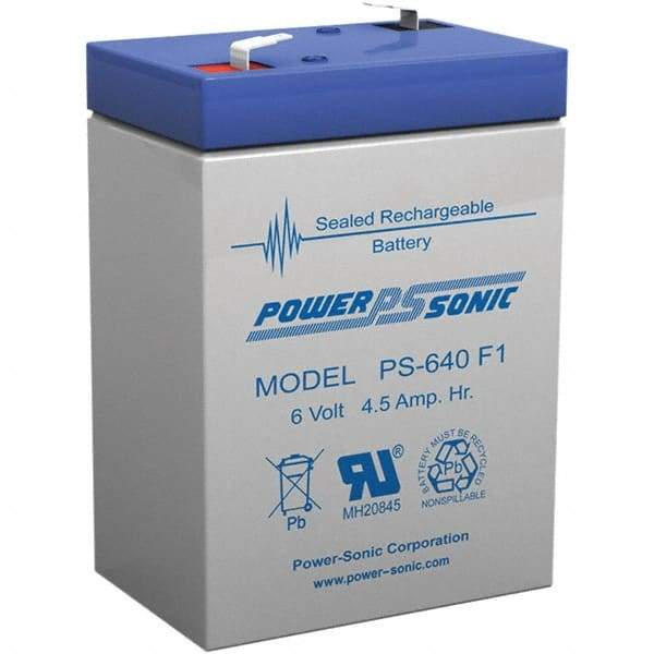 Power-Sonic - Lead-Acid, Quick-Disconnect Tab Terminal, 6 Volt, 4.5 Amp, Lead Rechargeable Battery - 3/16" Tab Width x 0.8mm Tab Thickness, 1.86" Wide x 3.94" High x 2.76" Deep - Makers Industrial Supply