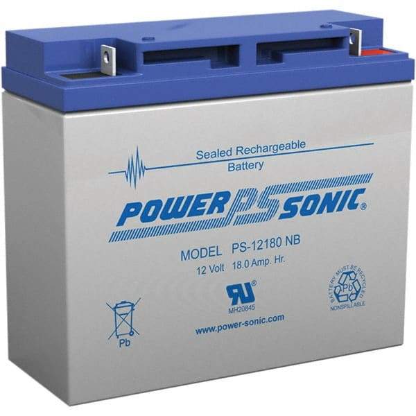 Power-Sonic - Lead-Acid, Nut/Bolt Terminal, 12 Volt, 18 Amp, Lead Rechargeable Battery - 5mm Hole Diam, 2mm Tab Thickness, 3" Wide x 6.59" High x 7.13" Deep - Makers Industrial Supply