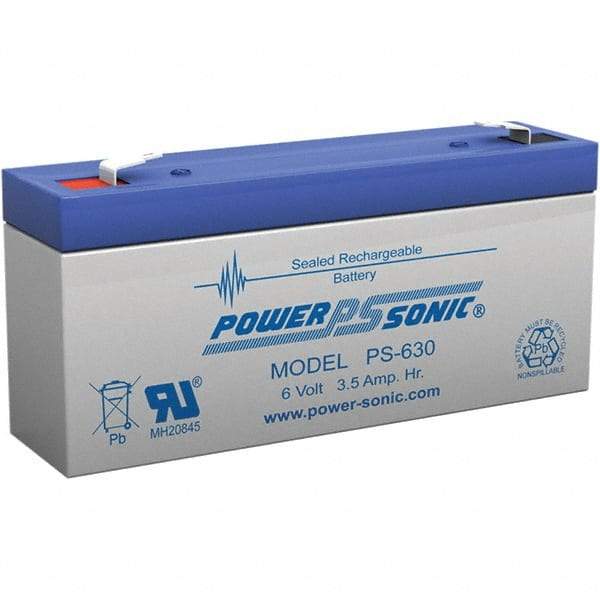 Power-Sonic - Lead-Acid, Quick-Disconnect Tab Terminal, 6 Volt, 3.5 Amp, Lead Rechargeable Battery - 3/16" Tab Width x 0.8mm Tab Thickness, 1.34" Wide x 2.35" High x 5.28" Deep - Makers Industrial Supply