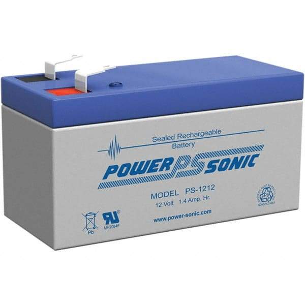 Power-Sonic - Lead-Acid, Quick-Disconnect Tab Terminal, 12 Volt, 1.4 Amp, Lead Rechargeable Battery - 3/16" Tab Width x 0.8mm Tab Thickness, 1.69" Wide x 2.04" High x 3.78" Deep - Makers Industrial Supply