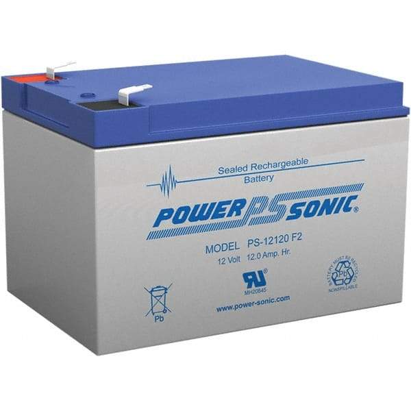 Power-Sonic - Lead-Acid, Quick-Disconnect Tab Terminal, 12 Volt, 12 Amp, Lead Rechargeable Battery - 1/4" Tab Width x 0.8mm Tab Thickness, 3.86" Wide x 3.7" High x 5.95" Deep - Makers Industrial Supply