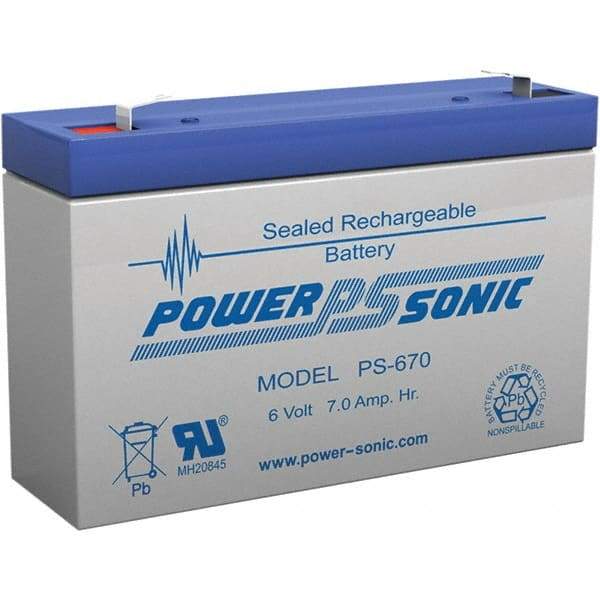 Power-Sonic - Lead-Acid, Quick-Disconnect Tab Terminal, 6 Volt, 7 Amp, Lead Rechargeable Battery - 3/16" Tab Width x 0.8mm Tab Thickness, 1.34" Wide x 3.7" High x 5.95" Deep - Makers Industrial Supply