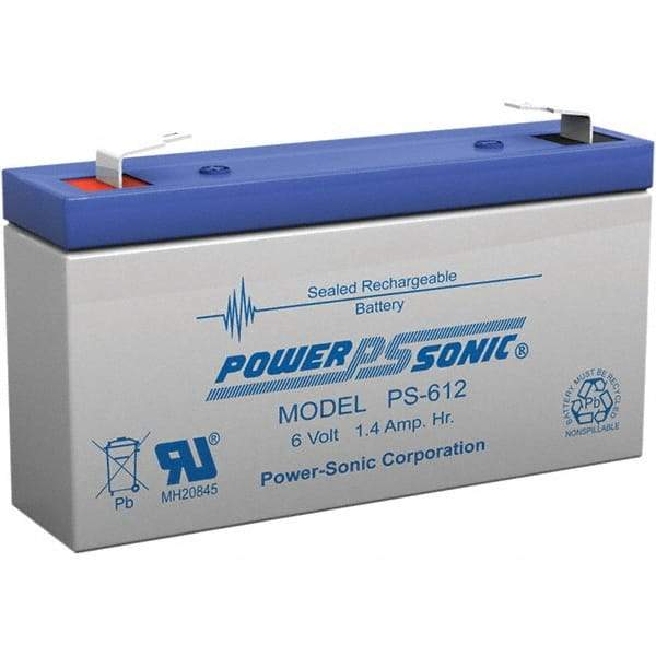 Power-Sonic - Lead-Acid, Quick-Disconnect Tab Terminal, 6 Volt, 1.4 Amp, Lead Rechargeable Battery - 3/16" Tab Width x 0.8mm Tab Thickness, 0.94" Wide x 2" High x 3.82" Deep - Makers Industrial Supply