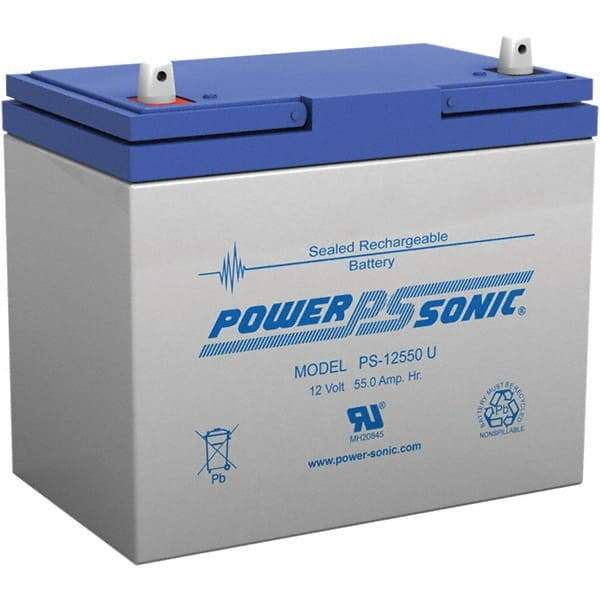 Power-Sonic - Lead-Acid, Nut/Bolt Terminal, 12 Volt, 55 Amp, Lead Rechargeable Battery - 6mm Hole Diam, 13mm Tab Thickness, 5.45" Wide x 8.15" High x 9.04" Deep - Makers Industrial Supply