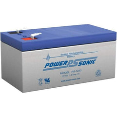 Power-Sonic - Lead-Acid, Quick-Disconnect Tab Terminal, 12 Volt, 3.4 Amp, Lead Rechargeable Battery - 3/16" Tab Width x 0.8mm Tab Thickness, 2.64" Wide x 2.36" High x 5.24" Deep - Makers Industrial Supply