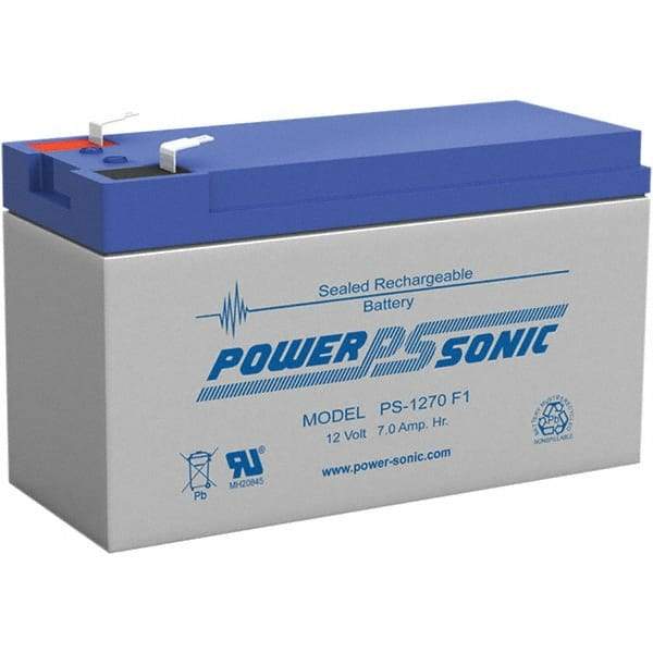 Power-Sonic - Lead-Acid, Quick-Disconnect Tab Terminal, 12 Volt, 7 Amp, Lead Rechargeable Battery - 1/4" Tab Width x 0.8mm Tab Thickness, 2.56" Wide x 3.7" High x 5.95" Deep - Makers Industrial Supply