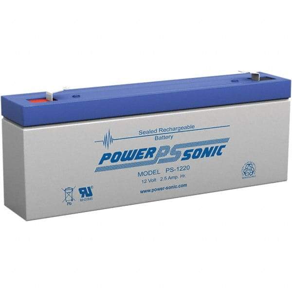 Power-Sonic - Lead-Acid, Quick-Disconnect Tab Terminal, 12 Volt, 2.5 Amp, Lead Rechargeable Battery - 3/16" Tab Width x 0.8mm Tab Thickness, 1.38" Wide x 2.36" High x 7" Deep - Makers Industrial Supply