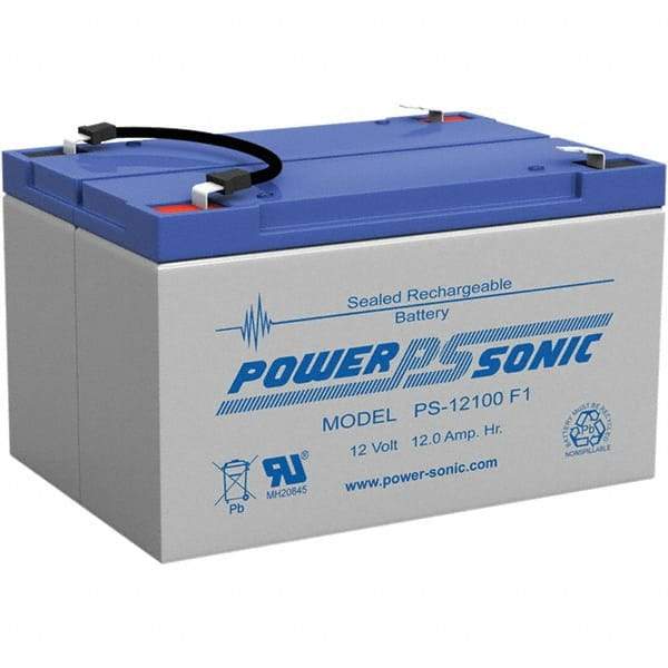 Power-Sonic - Lead-Acid, Quick-Disconnect Tab Terminal, 12 Volt, 12 Amp, Lead Rechargeable Battery - 3/16" Tab Width x 0.8mm Tab Thickness, 4" Wide x 3.7" High x 5.95" Deep - Makers Industrial Supply