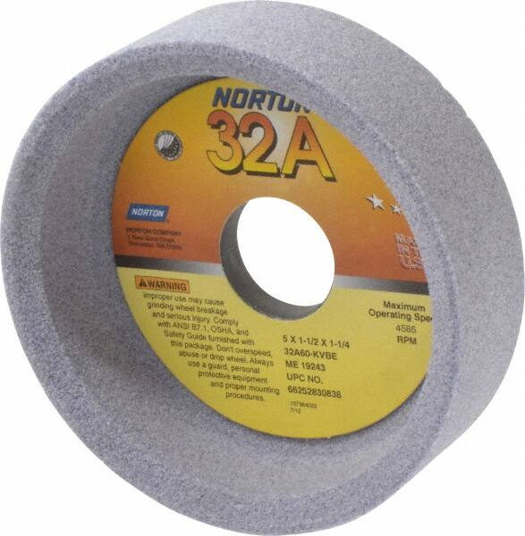 Norton - 5" Diam, 1-1/4" Hole Size, 1-1/2" Overall Thickness, 60 Grit, Type 6 Tool & Cutter Grinding Wheel - Medium Grade, Aluminum Oxide, K Hardness, Vitrified Bond, 4,585 RPM - Makers Industrial Supply