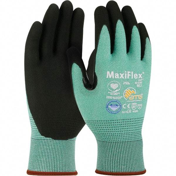 ATG - Size L, ANSI Cut Lvl A2, Puncture Lvl 2, Abrasion Lvl 4, Micro-Foam Nitrile Coated Dyneema Diamond Technology Cut Resistant Gloves - 8.8" Long, Palm & Fingers Coated, Continuous Knit Cuff, Green/Black, Paired - Makers Industrial Supply