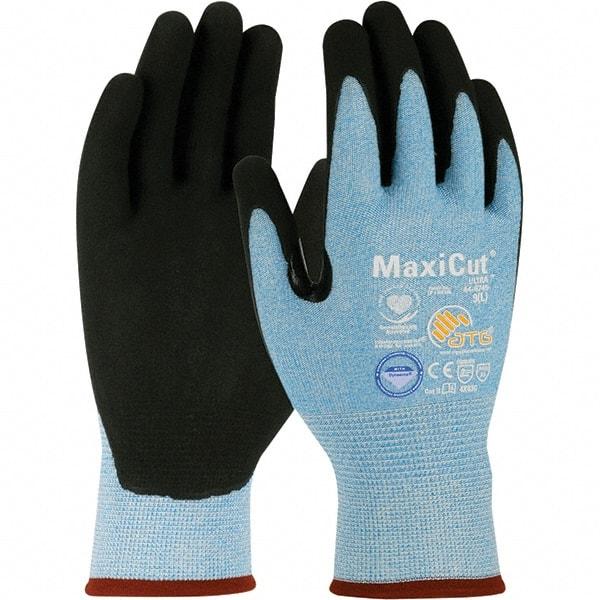 ATG - Size M, ANSI Cut Lvl A3, Puncture Lvl 3, Abrasion Lvl 4, Micro-Foam Nitrile Coated Dyneema Diamond Technology Cut Resistant Gloves - 8.66" Long, Palm & Fingers Coated, Continuous Knit Cuff, Blue/Black, Paired - Makers Industrial Supply