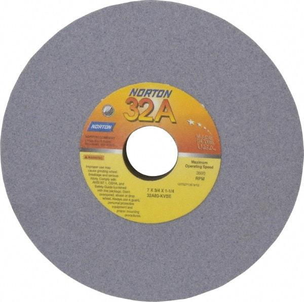 Norton - 7" Diam x 1-1/4" Hole x 3/4" Thick, K Hardness, 80 Grit Surface Grinding Wheel - Aluminum Oxide, Medium Grade, 3,600 Max RPM, Vitrified Bond - Makers Industrial Supply