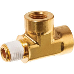 Brass Pipe Run Tee: 1/4″ Fitting, FNPT x FNPT x MNPT FNPT x FNPT x MNPT w/Thread Sealant Ends, 2,800 psi, Brass Finish, Class Instrumentation