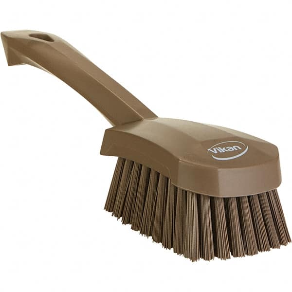 Vikan - 1.3" Bristle Length, Polyester Scrub Brush - 4-1/4" Long x 2-3/4" Wide Head, 10" OAL, Ergonomic Handle, Brown, Polypropylene Block - Makers Industrial Supply