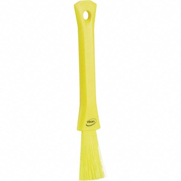 Vikan - 2-1/4" Bristle Length, Polyester Detail Brush - 1-1/4" Long x 0.4" Wide Head, 8.07" OAL, Ergonomic Handle, Yellow, Polypropylene Block - Makers Industrial Supply