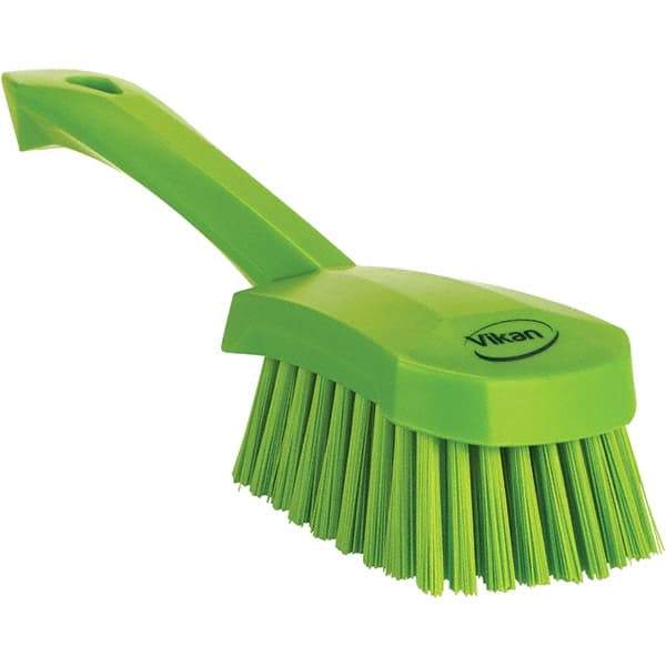 Vikan - 1.3" Bristle Length, Polyester Scrub Brush - 4-1/4" Long x 2-3/4" Wide Head, 10" OAL, Ergonomic Handle, Green, Polypropylene Block - Makers Industrial Supply