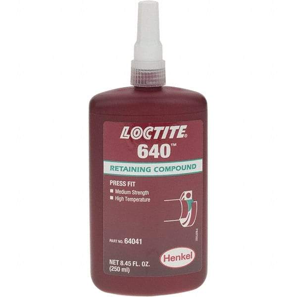 Loctite - 250 mL, Green, Medium Strength Liquid Retaining Compound - Series 640, 24 hr Full Cure Time - Makers Industrial Supply