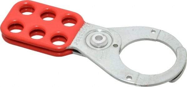 Master Lock - Single Jaw, 1-1/2" Jaw Diam, 6 PadLocks, Steel Lockout Hasp - Scissor Action, 5" Long, Red - Makers Industrial Supply