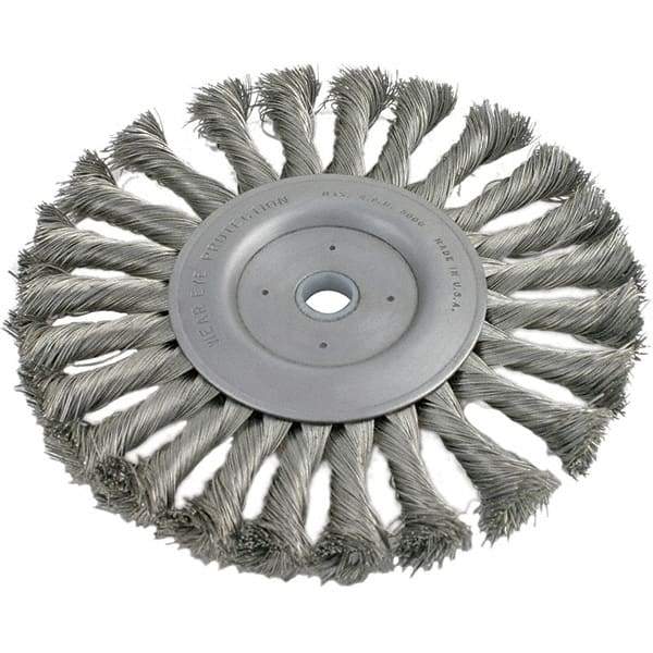 Brush Research Mfg. - 8" OD, 1/2 & 5/8" Arbor Hole, Knotted Stainless Steel Wheel Brush - 3/4" Face Width, 1-11/16" Trim Length, 6,000 RPM - Makers Industrial Supply