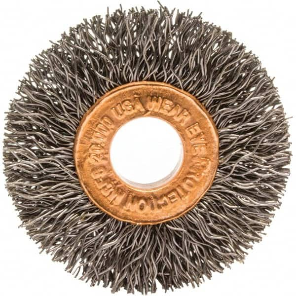 Brush Research Mfg. - 1-1/2" OD, 3/8" Arbor Hole, Crimped Carbon Wheel Brush - 1/4" Face Width, 3/8" Trim Length, 20,000 RPM - Makers Industrial Supply