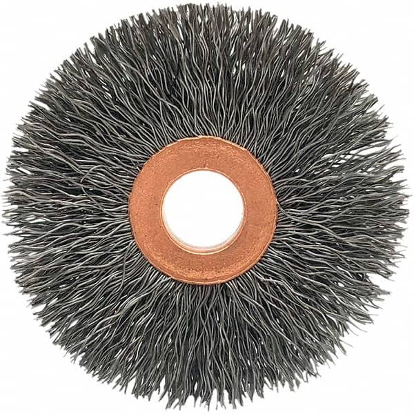 Brush Research Mfg. - 3-1/2" OD, 1/2" Arbor Hole, Crimped Carbon Wheel Brush - 5/8" Face Width, 5/16" Trim Length, 20,000 RPM - Makers Industrial Supply