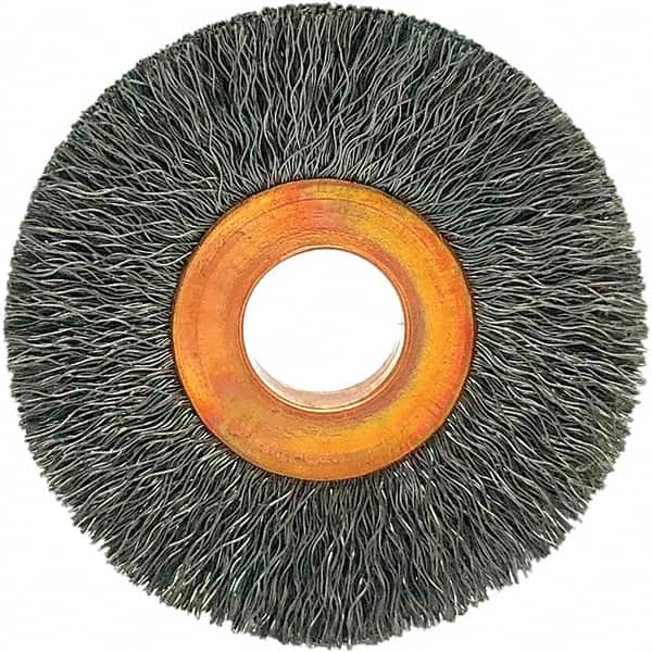 Brush Research Mfg. - 1-1/2" OD, 3/8" Arbor Hole, Crimped Carbon Wheel Brush - 1/4" Face Width, 3/8" Trim Length, 20,000 RPM - Makers Industrial Supply