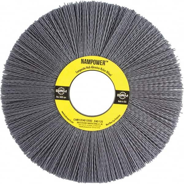 Brush Research Mfg. - 8" OD, 2" Arbor Hole, Crimped Abrasive Nylon Wheel Brush - 1/2" Face Width, 2-1/2" Trim Length, 3,600 RPM - Makers Industrial Supply