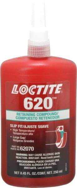 Loctite - 250 mL Bottle, Green, Medium Strength Liquid Retaining Compound - Series 620, 24 hr Full Cure Time, Heat Removal - Makers Industrial Supply