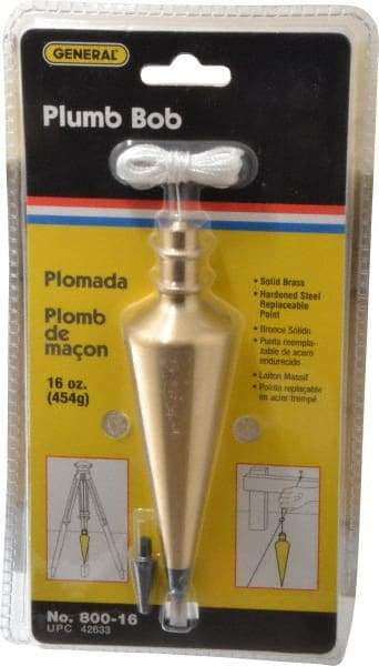 General - 5-3/4 Inch Long, 1-1/2 Inch Diameter Brass Plumb Bob - 16 Ounce, Has Replacable Tip - Makers Industrial Supply